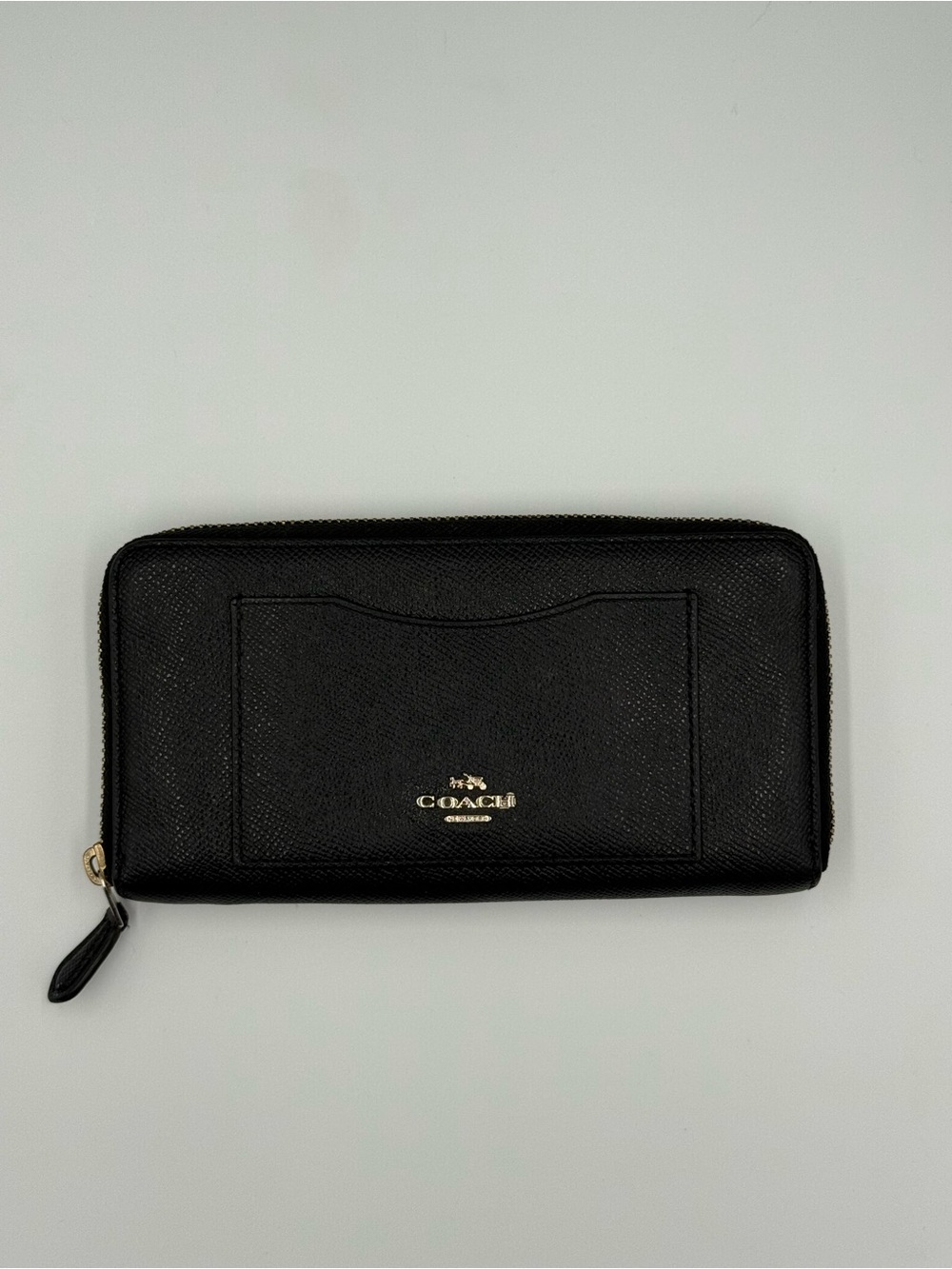 Coach Black Zip-Around Saffiano Leather Wallet with Gold Logo